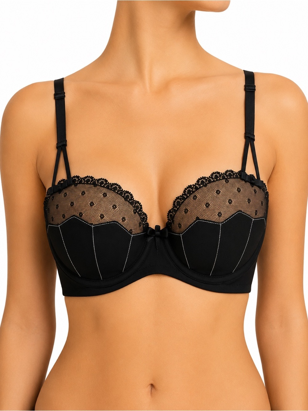 Adore Me Black Mesh Polka Dot Balconette Bra 32C NWT